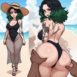 1girls ai_generated all_fours arched ass_grab beach beach_background big_ass big_breasts big_butt breasts bubble_ass cleavage dark-skinned_male eye_contact fat_ass female feminine gothic green_eyes green_hair green_hair_female hat hourglass_figure japanese_female kyokalovesxo lace leotard light-skinned_female makeup original_character petite poker_face pout pov red_lipstick round_ass round_butt slim squeezing_butt swimsuit swimwear tattooed_arm tattoos thigh_strap water wedgie wedgied_female
