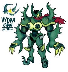 1girl 1girls bare_breasts beetle_horns gameboyred gijinka glowing_eyes glowing_green_eyes green_eyes horns humanoid kirby_(series) kirby_air_ride kirby_air_riders machine machine_girl red_scarf reference reference_image revealing_breasts vehicle_humanoid