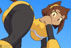 1female 1girl 1girls 2026 ai_generated animal_ears artist_name ass bent_over big_ass big_breasts black_pantyhose blue_background bob_cut breasts brown_hair cat_ears cat_girl cat_tail closed_mouth curvy dark-skinned_female dark_skin dress furry furry_female gameoverse gloves hi_res high_quality high_resolution highres huge_ass huge_breasts kit_(gameoverse) large_breasts looking_at_viewer looking_back pantyhose patreon patreon_username red_eyes short_dress short_hair simple_background slit_pupils solo tail thighs unjobdespiert watermark yellow_dress