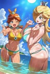 2girls ;d ai_generated aqua_bikini aqua_eyes ass bare_shoulders beach bikini blonde_hair blue_bikini blue_eyes blue_sky blush breasts brown_hair cleavage clothing cloud collarbone crown day earrings female flipped_hair flower_earrings green_bikini hair_over_one_eye headwear jewelry large_breasts long_hair mario_(series) medium_breasts medium_hair mini_crown multiple_girls nail_polish navel o-ring o-ring_bikini o-ring_bottom ocean one_eye_closed open_mouth outdoors outstretched_arm parted_bangs partially_submerged pink_nails princess_daisy reaching rosalina sky smashai smile sphere_earrings splashing standing star_(symbol) star_earrings stomach sun sunlight super_smash_bros. swimsuit tan tanlines teeth thighs thong thong_bikini upper_teeth_only wading water wet yellow_bikini
