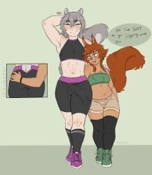 2026 absurd_res animal_genitalia animal_humanoid animal_penis big_penis blush breasts bulge butt butt_grab cleavage clothed clothing detailed_bulge duo english_text equine_genitalia equine_penis female femboy footwear furgonomic_underwear furgonomics genital_outline genitals hand_on_butt hi_res humanoid jogging_outfit male male/female mammal mammal_humanoid megan_(two-ts) momo_(pomutop) penis penis_outline pomutop rodent rodent_humanoid sciurid sciurid_humanoid shoes size_difference socks text tree_squirrel_humanoid underwear walking
