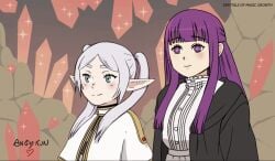 2girls angy-kun animated animated_gif blunt_bangs blush breast_expansion breasts buttons_popping cleavage elf elf_ears embarrassed fern_(sousou_no_frieren) frieren frieren_beyond_journey's_end gray_eyes huge_breasts large_breasts long_hair looking_at_breasts purple_eyes purple_hair small_breasts smile sousou_no_frieren sweat twintails