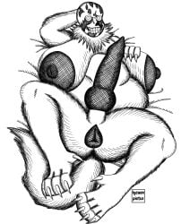1girl 2026 anthro bbw big_aerola big_breasts big_knot big_penis black_and_white canine claws dark_areola dark_nipples dark_penis dark_pussy digital_art dog furry human_skull human_teeth intersex knot lycaonpictus lying_on_bed monster nipples original_character paws smile tail vagina watching