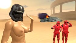 1girls 2boys 3d breasts captain_phasma casual_nudity desert helmet masksrobotsfurries nipples nude sith_trooper source_filmmaker star_wars sweat