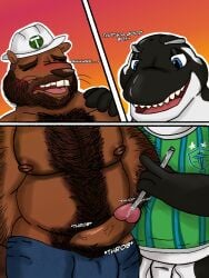 3:4 alternate_species anthro anthrofied aquatic armor aroused barazoku beard beaver belly_hair bodily_fluids body_hair buckteeth cetacean chest_hair circumcised clothing denim dolphin duo facial_hair furrification genital_fluids genitals glistening glistening_genitalia glistening_nipples glistening_penis goatee hard_hat headgear helmet hi_res jersey lowered_pants male male/male mammal mascot mls moan moobs musclegut muscular mustache nipples object_in_urethra oceanic_dolphin onikuma_(artist) onomatopoeia orca overweight overweight_male penetration penis portland_timbers precum pubes rodent sammy_the_sounder seattle_sounders shirt slightly_chubby slightly_chubby_male sound_effects sounding_rod teeth text timber_joey toothed_whale topwear urethral urethral_penetration