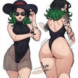 1girls ai_generated all_fours arched beach beach_background big_ass big_breasts big_butt breasts bubble_ass cleavage eye_contact fat_ass female feminine gothic green_eyes green_hair green_hair_female hat hourglass_figure japanese_female kyokalovesxo lace leotard light-skinned_female makeup original_character petite poker_face pout pov red_lipstick round_ass round_butt slim swimsuit swimwear tattooed_arm tattoos thigh_strap water wedgie wedgied_female