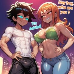 abs ai_generated astriad_(cocky69) biceps big_boobs big_breasts black_hair blue_eyes boobs bra breasts brown_eyes cocky69 comic_page english_text female fit fit_body fit_male hi_res male male/female nami_(one_piece) one_piece orange_hair pants pecs sexy sexy_body sexy_female shirt shorts text