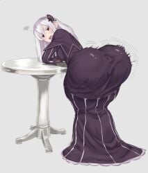 1girl ass ass_bigger_than_head big_butt black_dress black_eyes butt_focus butterfly_hair_ornament echidna_(re:zero) edit edited edited_art hair_between_eyes long_hair pale-skinned_female pout pouting re:zero_kara_hajimeru_isekai_seikatsu shaking_ass shaking_butt table twerk twerk_hypnosis twerk_pose twerker twerking white_hair wobbling wobbling_ass