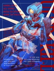 blood_splatter blood_stain lingerie pinup robot text ultrakill v1_(ultrakill) white_lingerie