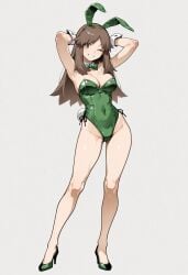 1girls ai_generated alternate_costume animal_ears armpits arms_behind_head arms_up ass_visible_through_thighs bare_legs bow bowtie breasts brown_eyes brown_hair bunnysuit cleavage clothing covered_navel detached_collar fake_animal_ears fake_tail female footwear full_body green_bow green_bowtie green_footwear green_hairband green_leotard grey_background grin hairband high_heels highleg highleg_leotard large_breasts leaf_(pokemon) legs leotard long_hair looking_at_viewer medium_breasts one_eye_closed playboy_bunny pokemon pokemon_rgby rabbit_ears rabbit_tail shoes side-tie_leotard simple_background smashai smile solo standing strapless strapless_leotard super_smash_bros. tail wrist_cuffs
