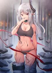 arknights bangs bare_shoulders blood breasts choker cleavage covering_mouth cuts earrings female female_only floating_object grey_panties hair_between_eyes hair_ornament horns injury long_hair looking_at_viewer mudrock_(arknights) oripathy_lesion_(arknights) outdoors panties pointy_ears red_eyes ripped_clothing silver_hair sports_bra standing