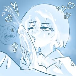1boy 1girl after_fellatio ahoge anger_vein araragi_koyomi azmcch black_eyes blue_background blue_theme blush bob_cut bukkake collared_shirt commentary cum cum_bubble cum_in_mouth cum_on_body cum_on_hair drawn_heart dress_shirt ejaculation empty_eyes erection facial fellatio furrowed_brow hair_between_eyes hair_over_one_eye handjob hetero highres juliet_sleeves large_penis licking licking_penis long_sleeves monochrome monogatari_(series) naoetsu_high_school_uniform narrowed_eyes naughty_face nose_bubble open_mouth oral oshino_ougi pants penis puffy_long_sleeves puffy_sleeves school_uniform sex shirt short_hair solo_focus speech_bubble spoken_character steam steaming_body sweatdrop tongue tongue_out untranslatable_commentary