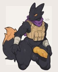 animal_genitalia animal_penis anthro arm_wraps balls black_body black_fur botter_(artist) bulletproof_vest canine_genitalia canine_penis casualties:_unknown digital_drawing_(artwork) digital_media_(artwork) dipstick_tail erection expie_(gunsawian) fur genitals gunsawian hi_res knot lidded_eyes male male_anthro markings orange_eyes orange_sclera orange_tail_tip penis purple_scarf scarf simple_background slightly_chubby smile solo tactical_gear tail tail_markings thick_thighs white_background wraps