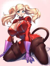 :d ann_takamaki blush bodysuit cleavage curvy gigantic_breasts gigantic_thighs hands_between_legs hyper open_mouth persona persona_5 quanero smile thick_thighs unmasked upper_teeth voluptuous wide_hips