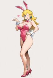 1girls ai_generated animal_ears bare_legs bare_shoulders blonde_hair blowing_kiss blue_eyes bow bowtie breasts bunnysuit cleavage clothing covered_navel detached_collar earrings fake_animal_ears fake_tail female footwear full_body grey_background hand_on_own_hip high_heels highleg highleg_leotard jewelry large_breasts legs leotard long_hair looking_at_viewer mario_(series) one_eye_closed open_mouth pink_bow pink_bowtie pink_footwear pink_leotard playboy_bunny princess_peach rabbit_ears rabbit_tail shoes simple_background smashai smile solo sphere_earrings standing strapless strapless_leotard super_smash_bros. tail thighs wink wrist_cuffs