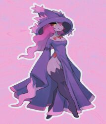 absurd_res anthro anthrofied bottomless breasts cleavage clothed clothing clothing_lift dress exposed_pussy female footwear gem genitals hair hat headgear headwear hi_res high_slit_dress legwear long_sleeves looking_at_viewer mismagius nintendo no_panties no_panties_under_dress pokémon_(species) pokemon pokemon_(species) pussy red_eyes side_slit single_slit_dress slit_dress socks solo thigh_highs thighhighs video_games vulva waspsalad