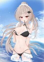 1girls beach belly_button bikini blush bra bra_strap bra_strap_slip breast_grab breasts brown_hair character_request clouds copyright_request female female_focus female_only in_water light_hair loose_clothes medium_breasts midriff narukahana navel ocean outside panties red_eyes sea sky smile solo stomach sweat swimsuit underwear water