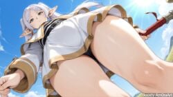 1girl ai_generated amoraart belt black_belt black_panties blue_sky capelet closed_mouth cloud day dress earrings elf frieren from_below green_eyes holding holding_staff jewelry long_hair long_sleeves looking_at_viewer looking_down mage_staff outdoors panties parted_bangs pointy_ears shirt skirt sky solo sousou_no_frieren staff striped_shirt thighs twintails underwear white_capelet white_dress white_hair