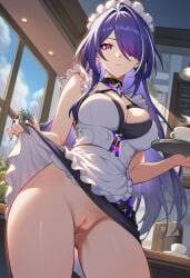 1girls 2026 acheron_(honkai:_star_rail) ai_generated alternate_costume big_ass big_breasts big_butt big_thighs coffee_cup coffee_shop day exposed_legs exposed_pussy female female_focus female_only hentai holding_object honkai:_star_rail hoyoverse lifting_skirt light-skinned_female light_skin long_hair looking_at_viewer low-angle_view lunealter maid maid_headdress maid_uniform mature_female mihoyo multicolored_hair neutral_expression no_panties nsfw partially_clothed purple_eyes purple_hair showing_pussy standing thick_butt thick_hips thick_legs thick_thighs uncensored
