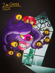 beholder beholder_(dnd) clothed clothing eyestalks floating floating_head flying gameboyred gazer hair hovering human inside larger_female larger_monster lightning multi_eye pants purple_body sharp_teeth shirt shoes size_difference smaller_human smaller_male smile window yellow_eyes