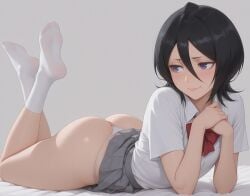 1girls ai_generated ass black_hair bleach feet flat_chest kuchiki_rukia lying lying_on_stomach purple_eyes red_bowtie round_ass school_uniform schoolgirl short_hair skirt socks solo thick_thighs thong