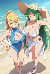 2girls ai_generated arm_at_side arm_up armpits bare_legs bare_shoulders barefoot beach bikini blonde_hair blue_eyes blue_one-piece_swimsuit blush breasts casual_one-piece_swimsuit choker circlet cleavage cleavage_cutout closed_mouth clothing clothing_cutout collarbone covered_navel day feet female forehead_jewel frilled_bikini frills from_above frown full_body green_eyes green_hair hair_between_eyes halterneck hand_on_headwear hand_on_own_hip hat hat_ribbon headwear high_ponytail highleg highleg_swimsuit jewelry large_breasts legs long_hair looking_at_viewer mole mole_under_mouth multiple_girls navel neck_ring ocean one-piece_swimsuit outdoors palutena parted_bangs ponytail ribbon samus_aran sand sandals sarong shiny_skin sidelocks smashai smile standing stomach sun_hat super_smash_bros. swept_bangs swimsuit thighs toes very_long_hair water white_bikini white_sarong zero_suit