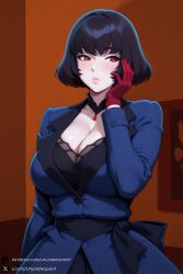 1female 1girl 1girls 2026 ai_generated artist_name bangs big_ass big_breasts black_hair blue_coat blush breasts cleavage coat curvy deadlock dress gloves hand_on_own_cheek hand_on_own_face hi_res high_quality high_resolution highres huge_ass huge_breasts jewelry large_breasts lips long_sleeves looking_at_viewer looking_to_the_side mina_(deadlock) patreon patreon_username red_eyes red_gloves short_hair solo unjobdespiert watermark