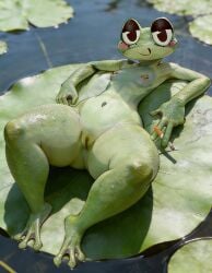 ai_generated anthro cigarette frog frog_girl lily_pad pond realistic ribbit_(tadc) ribbit_(the_amazing_digital_circus) smoking smoking_cigarette wet wet_body