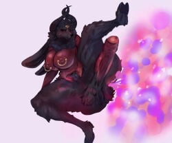 3_eyes 6:5 absurd_res balls black_body black_eyes black_fur bovid caprine caprine_demon demon fart fart_cloud fur genitals goat goat_demon gynomorph hi_res horn humanoid_genitalia humanoid_penis intersex mammal melonarts2 morgenneth multi_eye nipple_piercing nipple_ring nipples penis piercing raised_leg red_body red_skin ring_piercing solo