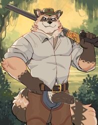 absurd_res anthro aroused aroused_face aroused_male aroused_smile barazoku bedroom_eyes belt biceps big_muscles big_pecs big_penis black_belt black_clothing blue_bottomwear blue_clothing blue_jeans blue_pants bottomwear brown_body brown_chaps brown_clothing brown_fur chaps clothed clothing cowboy cowboy_hat cowboy_outfit denim denim_bottomwear denim_clothing erection flirting flirting_look flirting_with_viewer forest forest_background fur genitals gol1ath grass green_clothing green_hat green_headwear grin grinning_at_viewer gun gun_on_shoulder hat headgear headwear hi_res holding_gun holding_object holding_ranged_weapon holding_rifle holding_shotgun holding_weapon inviting inviting_to_sex inviting_viewer jeans looking_at_viewer male mammal manly muscular muscular_anthro muscular_arms muscular_male muscular_thighs narrowed_eyes nature nature_background offering_sex offering_to_viewer open_bottomwear open_clothing open_pants outside pants pecs penis penis_poking_out penis_through_fly plant pose presenting presenting_body presenting_penis procyonid raccoon ranged_weapon rifle rifle_on_shoulder seducing_viewer seductive shirt shotgun showing_off_muscles shrub smile smiling_at_viewer smirk smirking_at_viewer solo standing tail thick_arms thick_penis thick_thighs topwear tough_guy tree unzipped unzipped_clothing unzipped_pants vein veiny_penis weapon weapon_on_shoulder white_clothing white_shirt white_topwear zipper