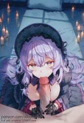 1boy 1girl 2026 ai_generated black_dress black_gloves black_swan_(honkai:_star_rail) blush bonnet bow bowtie breasts breasts_out candle candlestand clothed_female_nude_male cocomiyart dress erection fellatio frilled_dress frills gloves gothic_lolita gradient_eyes hair_between_eyes hetero highres honkai:_star_rail indoors lace_gloves large_breasts lolita_fashion long_hair long_sleeves looking_at_viewer multicolored_eyes nipples nsfw nude on_bed oral penis pov purple_bow purple_bowtie purple_eyes purple_hair solo_focus uncensored veins veiny_penis very_long_hair yellow_eyes