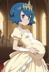 aged_up ai_generated blue_eyes blue_hair lana_(pokemon) pokemon pokemon_sm pregnant pregnant_belly pregnant_female queen solo solo_female solo_focus trial_captain trial_captain_lana yellow_dress