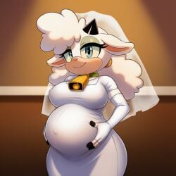 ai_generated blue_eyes bride bride_veil female holding_pregnant_belly lanolin_the_sheep lazybonesai naked naked_female nude nude_female pregnant pregnant_anthro pregnant_bride pregnant_female sega sheep sheep_girl smiling_at_viewer sonic_(series) sonic_the_hedgehog_(series) wedding wedding_dress