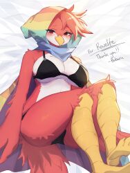 anthro artist_name ass avian avian_humanoid baburusushi beak big_breasts bird_feet black_panties black_pupils blush blushing_at_viewer breasts cloak eyebrows eyelashes feathers female female_only furry furry_female furry_only hair headwear hood legs_up looking_at_viewer lying lying_on_back mammal mammal_humanoid multicolored_body no_humans panties red_body red_eyes red_hair red_iris reesha_(rovelife) scales scutes solo solo_female tagme tail tuft underboob white_body white_sclera yellow_beak yellow_scales yellow_scutes