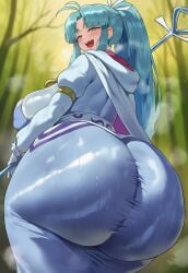 1girls :d ai_generated bedroom_eyes blue_eyes blue_hair blush butt clothed cute female_only gigantic_ass golden_sun large_ass large_breasts long_hair looking_at_viewer mia_(golden_sun) ponytail pov ribbon sexy_body smile solo steam sweat tharkica thick_thighs white_gloves wide_hips