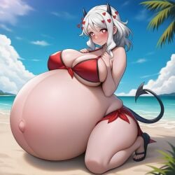 ai_generated beach bikini demon_girl demon_horns demon_tail embarrassed female helltaker hyper_pregnancy lazybonesai looking_at_viewer modeus_(helltaker) pregnant pupils symbol-shaped_pupils thicc_thighs
