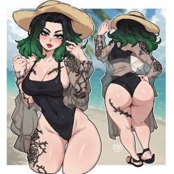 1girls ai_generated all_fours arched beach beach_background big_ass big_breasts big_butt breasts bubble_ass cleavage eye_contact fat_ass female feminine gothic green_eyes green_hair green_hair_female hat hourglass_figure japanese_female kyokalovesxo lace leotard light-skinned_female makeup original_character petite poker_face pout pov red_lipstick round_ass round_butt slim swimsuit swimwear tattooed_arm tattoos thigh_strap water wedgie wedgied_female