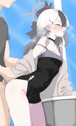 1boy 1girl absurdres behind_another black_dress black_hair black_horns black_shirt blue_archive blue_sky blush breasts cleavage closed_eyes cloud commentary_request day dress ear_piercing grey_halo halo highres horns kayoko_(blue_archive) kayoko_(dress)_(blue_archive) multicolored_hair official_alternate_costume open_mouth piercing sex sex_from_behind shirt sky small_breasts standing sweat t-shirt tongue tongue_out two-tone_hair watti3600 white_hair
