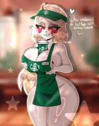 apron_only charlie_morningstar_(hazbin_hotel) drink_on_breasts extra_thicc hazbin_hotel m1ddi3kira_(artist) starbucks starbucks_barista thicc thicc_thighs thick_thighs