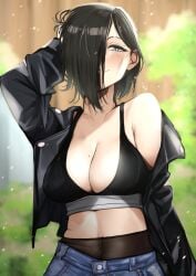 1girls absurd_res black_hair blush bra female female_only hair_over_one_eye hand_behind_head jacket kamura_(rain_prophet) leather_jacket looking_at_viewer medium_hair mole narrowed_eyes pantyhose pupi rain_prophet smiling smiling_at_viewer solo solo_female upper_body