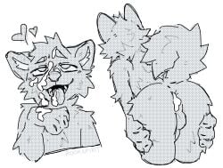 anthro anus backsack ball balls bodily_fluids butt canid canine cum cum_in_mouth cum_inside cum_on_face fur genital_fluids genitals grey_body grey_fur hi_res holding_butt leaking_cum looking_away looking_up male mammal monochrome paws penis rear_view rookspirit screentone simple_background solo tail teeth tongue tongue_out