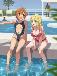 2girls :o ahoge artist_request background_people bang_dream! barefoot bikini bikini_bottom bikini_top black_swimsuit blonde_hair blue_swimsuit breasts bush center_opening choppy_bangs coconut_tree collarbone dark-skinned_male day daytime depth_of_field diagonal_bangs ear_piercing ears eyebrows_visible_through_hair fang female female_focus female_only frilled_bikini frilled_bikini_bottom frilled_bikini_top groin hand_on_ground hand_out_of_frame hands_on_ground kitazawa_hagumi long_hair long_sidelocks looking_at_viewer looking_sideways lounge_chair medium_breasts multicolored_swimsuit multiple_boys navel ocean one-piece_swimsuit open_mouth orange_eyes orange_hair outdoors pants partially_submerged pool poolside portrait red_bikini_bottom red_bikini_top shadow short_hair sidelocks sitting sitting_on_ground sky small_breasts straight_hair swept_bangs swimsuit talking_to_partner thighs tongue topless topless_male tree tsurumaki_kokoro two-tone_swimsuit underboob very_high_resolution water yellow_eyes