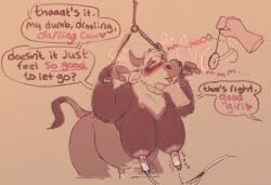 anthro bdsm big_breasts blush bodily_fluids bondage bound bovid bovine breast_milking breasts butt cattle cowcollar cuff_(restraint) digital_media_(artwork) drooling english_text erection fur genital_fluids genitals gynomorph hair horn humanoid_genitalia humanoid_penis hypnosis intersex lactating machine mammal milking_machine mind_control nipples nude open_mouth overweight pendulum penis precum raised_arms restraints saliva simple_background smile solo submissive tail text tongue tongue_out trans_(lore)