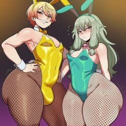1girl1boy ai_generated areola_slip blonde_hair blush both_sexes_in_same_situation bulge bunnysuit clothed embarrassed femboy fishnets green_hair huge_ass kusanagi_nene looking_at_viewer novelai project_sekai side-by-side small_breasts smirk tenma_tsukasa thick_thighs tights wide_hips