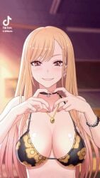 animated blonde_hair blush bouncing_breasts bra bracelet breasts choker ear_piercing earrings female gyaru happy heart heart_hands jewelry jumping kitagawa_marin konsome_(consome2021) long_hair looking_at_viewer loop navel necklace piercing pink_eyes ring smile sono_bisque_doll_wa_koi_wo_suru tiktok tiktok_overlay ugoira underwear