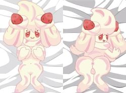alcremie ass ass_focus big_breasts body_pillow_design breasts caramelpearl_(artist) cute laying_on_bed pokemon pokemon_(species) pokemon_swsh shy shy_female shy_smile slime_girl tagme