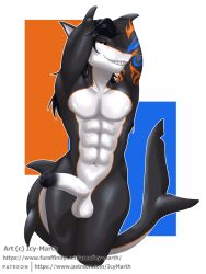 3:4 abs anthro aquatic arm_tattoo athletic athletic_male balls belly black_body black_hair black_sclera erection fish foreskin genitals glistening glistening_body glistening_skin hair hi_res humanoid_genitalia humanoid_penis icy-marth male nude penis pinup pose shark solo tail tattoo white_belly