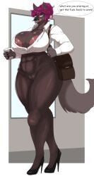 9live abs anthro areola bag bottomless brown_body brown_fur canid canine casual_exposure casual_nudity clothed clothing coffee_cup container cup english_text eyelashes eyewear female footwear fur genitals glasses green_eyes hair hi_res high_heels legwear looking_at_viewer mammal muscular muscular_female mythological_canine mythological_creature mythology nipple_slip nipples no_bra office_clothing pantyhose pink_areola pink_hair pink_nipples profanity public public_nudity segway_(segwayrulz) shoes simple_background solo speech_bubble tail text thick_thighs tights unprofessional_behavior vulva walking werecanid werecanine werecreature werewolf workplace