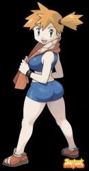 1girl ass asymmetrical_hair bikini bikini_bottom blue_bikini blue_bra blue_shorts blue_sports_bra blue_swimsuit blue_underwear bra breasts busty clothing female footwear from_behind green_eyes huge_ass huge_breasts kasumi_(pokemon) kneepits large_ass large_breasts looking_at_viewer looking_back medium_breasts misty_(pokemon) open-mouth_smile open_mouth orange_hair pokemon ponytail projectwetroid sandals shoes short_hair shorts side_ponytail smile sneakers solo sports_bikini sports_bra sportswear standing swimsuit tank_top tankini thick_ass thighs tied_hair towel towel_around_neck underwear wristband