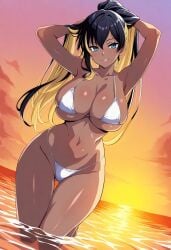 1girls ai_generated arms_up beach bikini black_hair blue_eyes breasts female female_only goddess_of_victory:_nikke hair_between_eyes large_breasts noise_(nikke) ponytail smile sunrise tan-skinned_female tan_skin two-tone_hair yellow_hair
